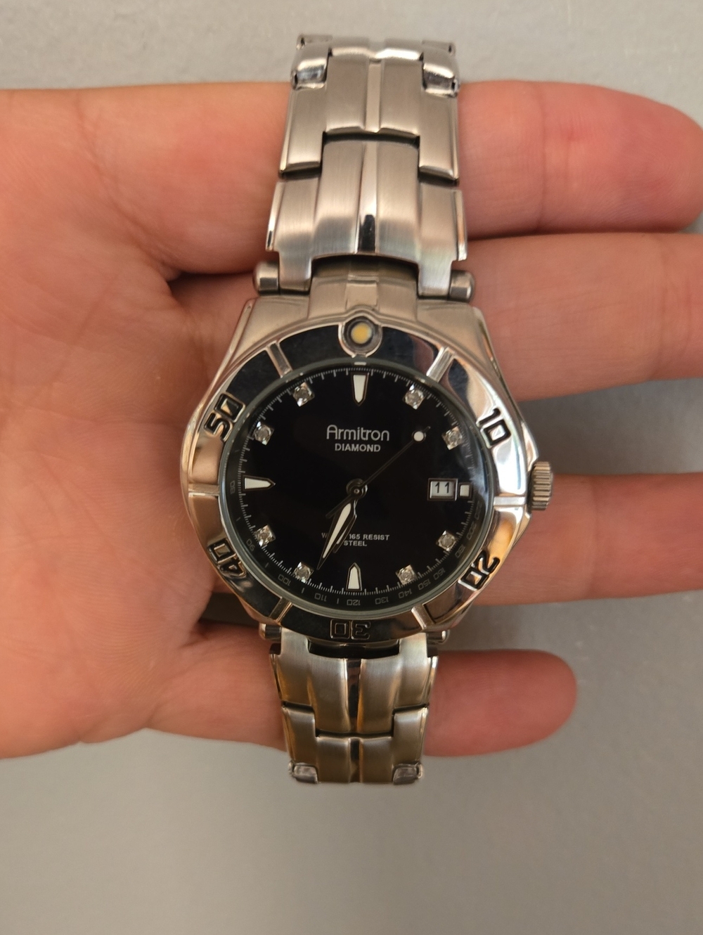 Armitron Men's Silver-Tone Watch with Black Dial and Diamond Accents